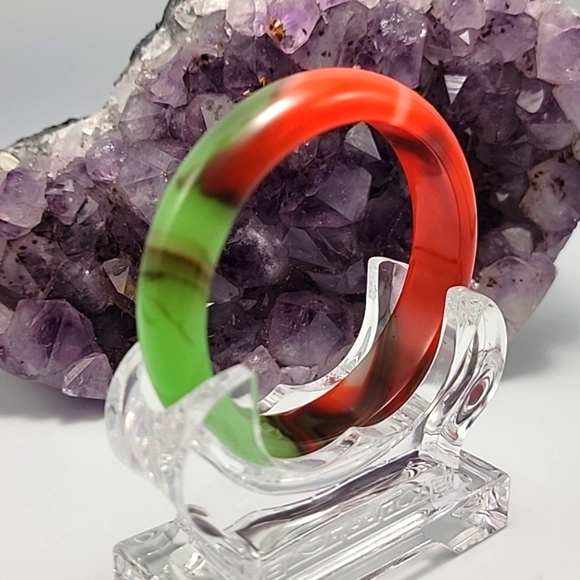 VTG Inspired Abstract Jade Bangle Chicken Blood Red & Golden Silk Glass Bracelet - Picture 5 of 11